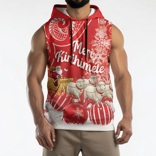 New Zealand Christmas In July Personalised Sleeveless Hoodie Funny Santa Sheep Meri Kirihimete Red