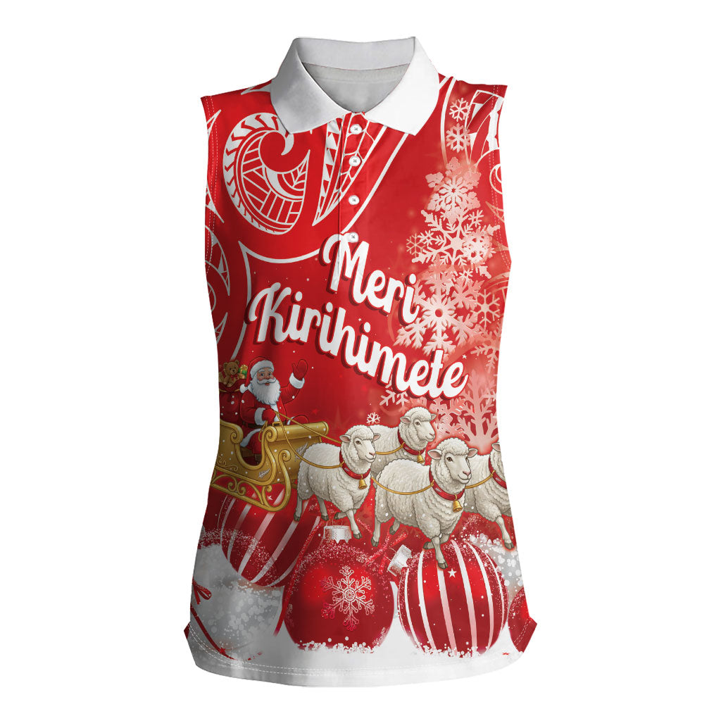New Zealand Christmas In July Personalised Women Sleeveless Polo Shirt Funny Santa Sheep Meri Kirihimete Red