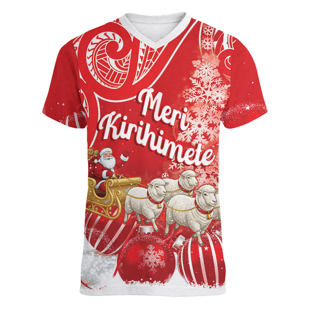 New Zealand Christmas In July Personalised Women V-Neck T-Shirt Funny Santa Sheep Meri Kirihimete Red