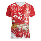 New Zealand Christmas In July Personalised Women V-Neck T-Shirt Funny Santa Sheep Meri Kirihimete Red