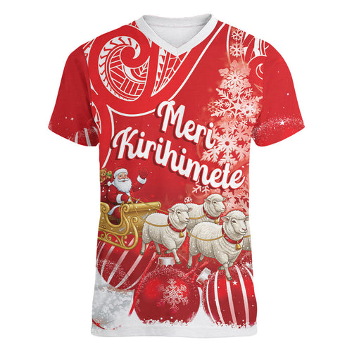 New Zealand Christmas In July Personalised Women V-Neck T-Shirt Funny Santa Sheep Meri Kirihimete Red
