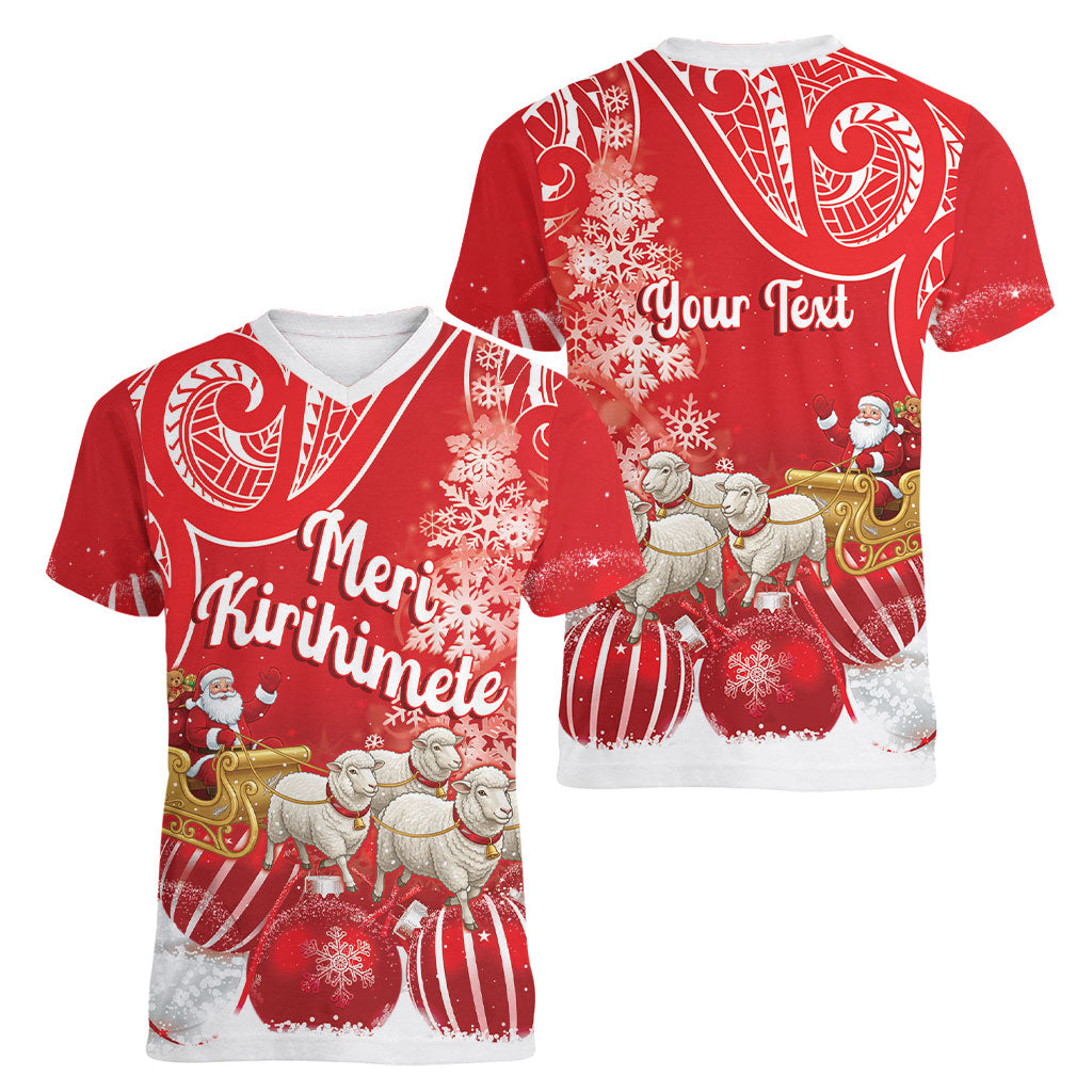 New Zealand Christmas In July Personalised Women V-Neck T-Shirt Funny Santa Sheep Meri Kirihimete Red