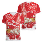 New Zealand Christmas In July Personalised Women V-Neck T-Shirt Funny Santa Sheep Meri Kirihimete Red