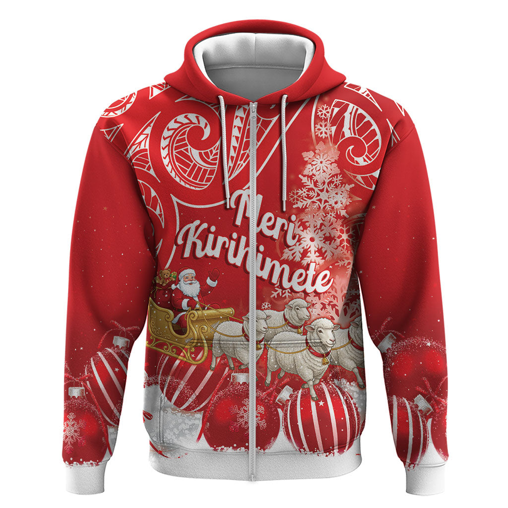 New Zealand Christmas In July Personalised Zip Hoodie Funny Santa Sheep Meri Kirihimete Red