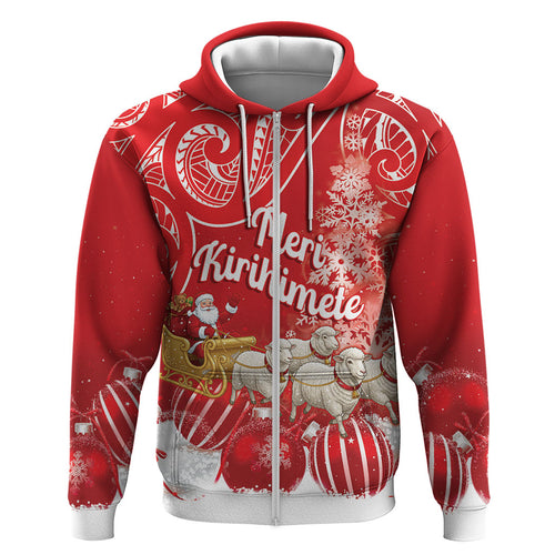 New Zealand Christmas In July Personalised Zip Hoodie Funny Santa Sheep Meri Kirihimete Red