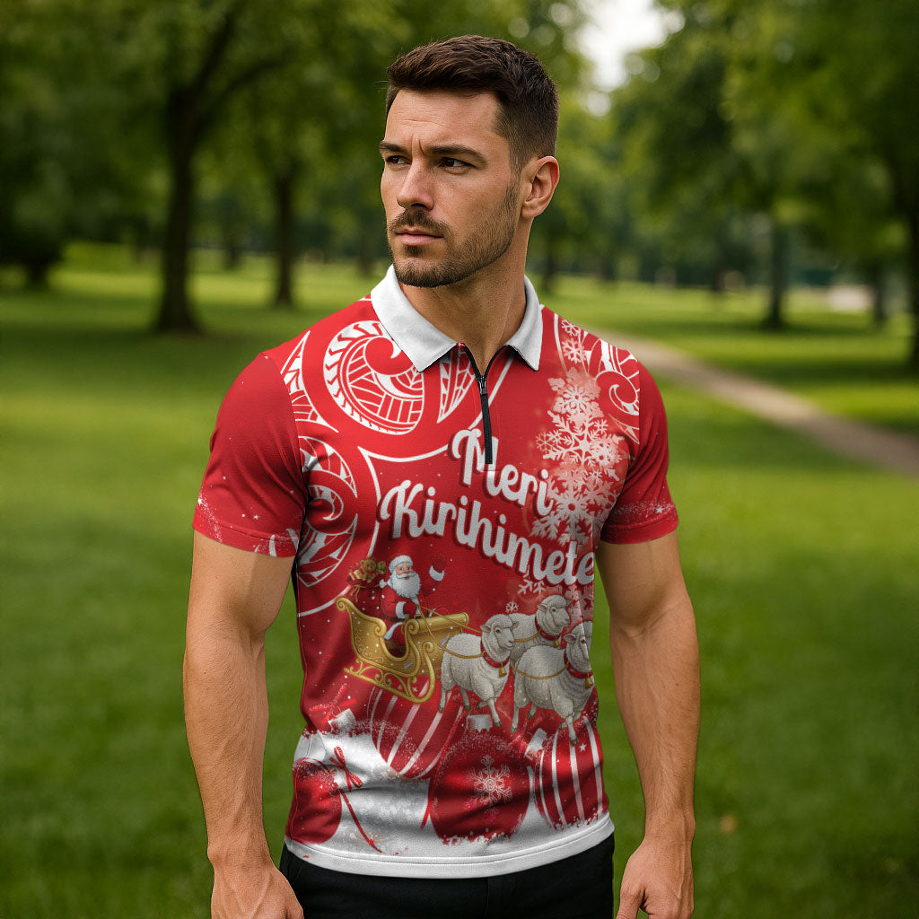 New Zealand Christmas In July Personalised Zipper Polo Shirt Funny Santa Sheep Meri Kirihimete Red
