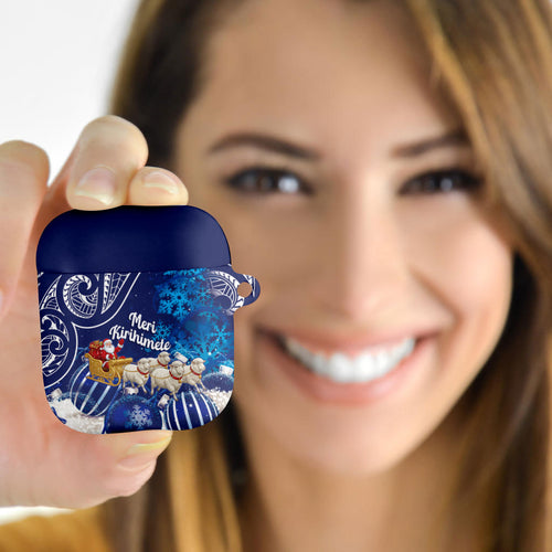 New Zealand Christmas In July AirPods Case Funny Santa Sheep Meri Kirihimete Blue