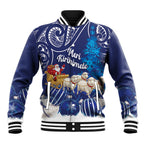 New Zealand Christmas In July Personalised Baseball Jacket Funny Santa Sheep Meri Kirihimete Blue