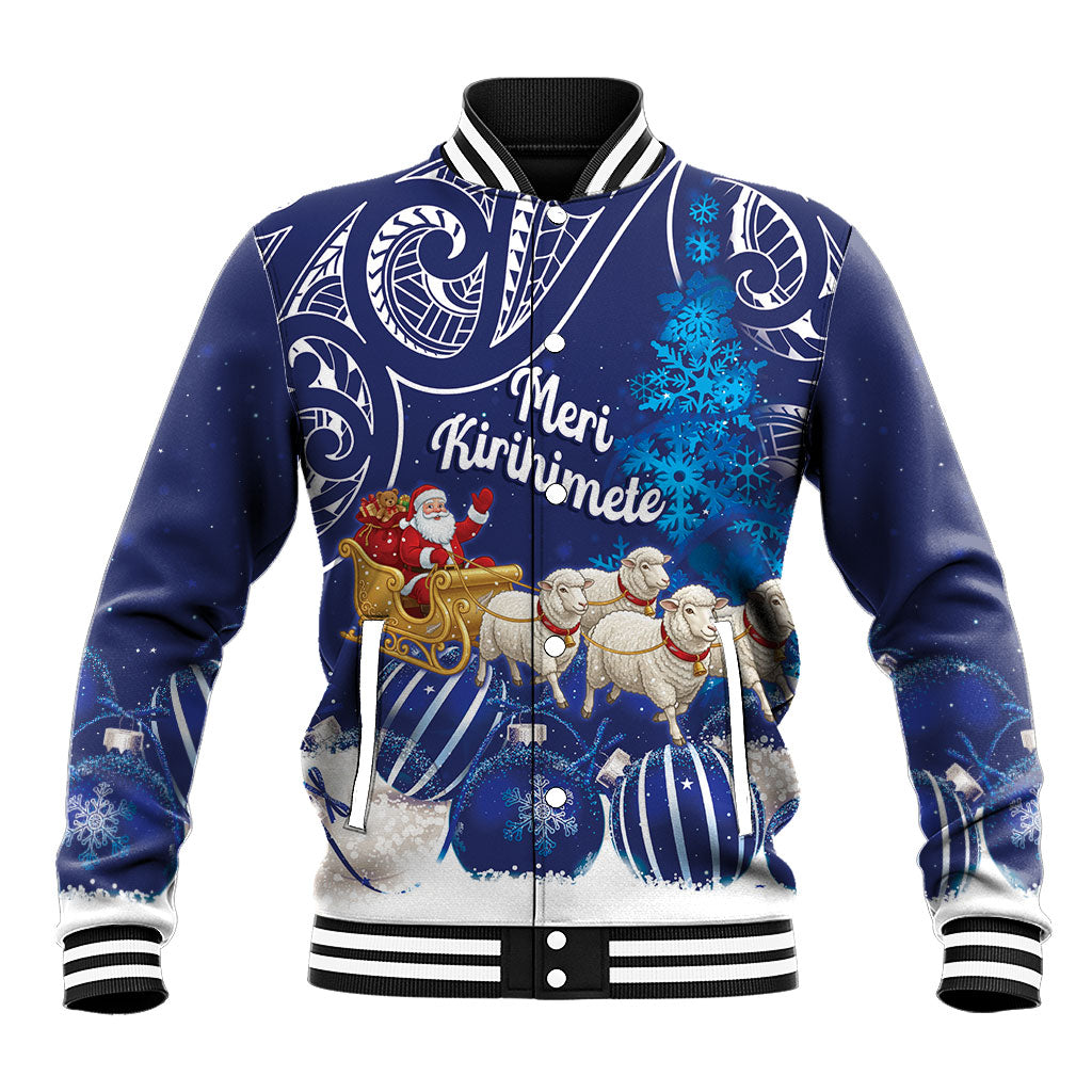 New Zealand Christmas In July Personalised Baseball Jacket Funny Santa Sheep Meri Kirihimete Blue
