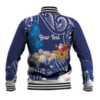 New Zealand Christmas In July Personalised Baseball Jacket Funny Santa Sheep Meri Kirihimete Blue
