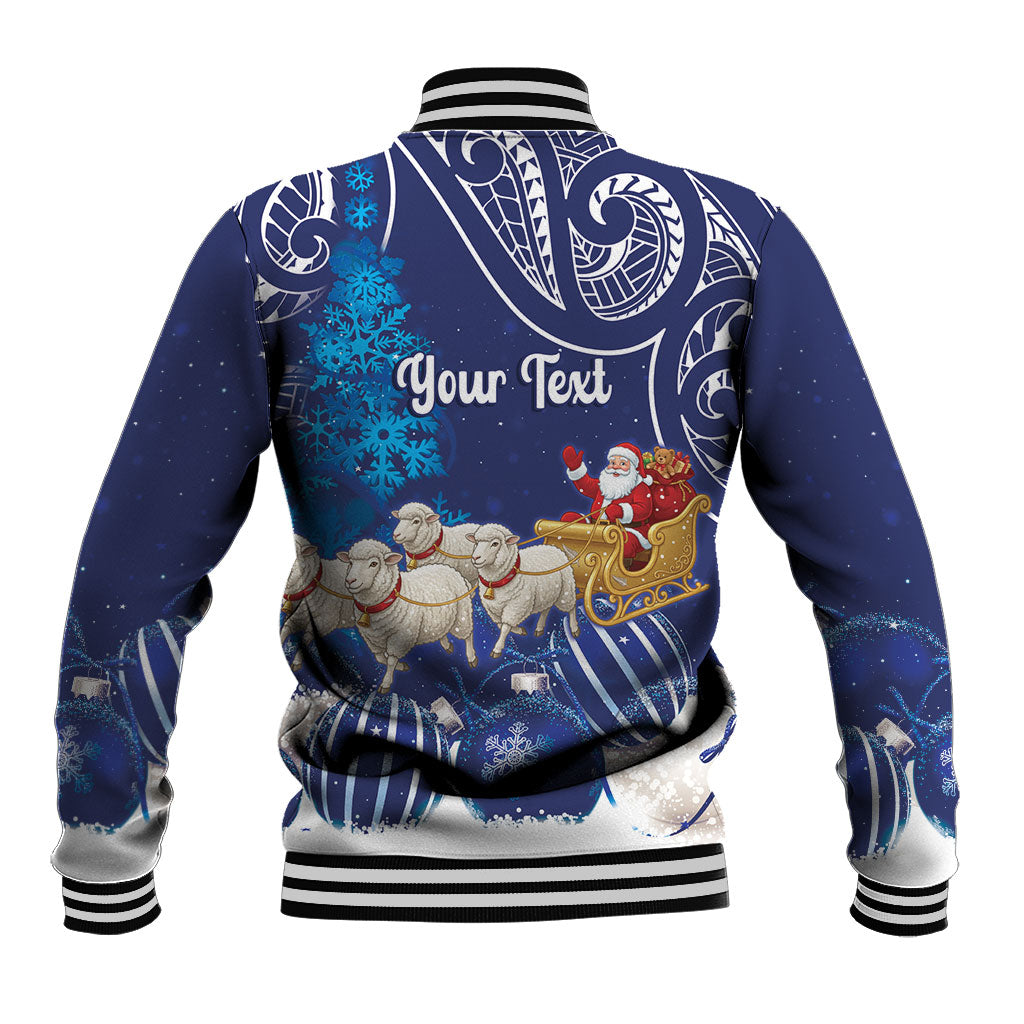 New Zealand Christmas In July Personalised Baseball Jacket Funny Santa Sheep Meri Kirihimete Blue