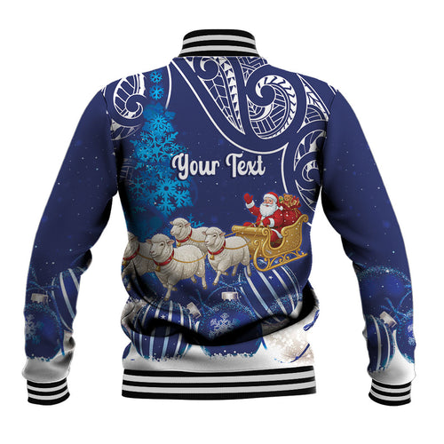 New Zealand Christmas In July Personalised Baseball Jacket Funny Santa Sheep Meri Kirihimete Blue