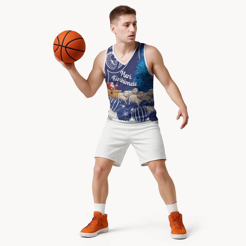 New Zealand Christmas In July Personalised Basketball Jersey Funny Santa Sheep Meri Kirihimete Blue