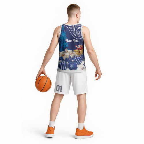New Zealand Christmas In July Personalised Basketball Jersey Funny Santa Sheep Meri Kirihimete Blue