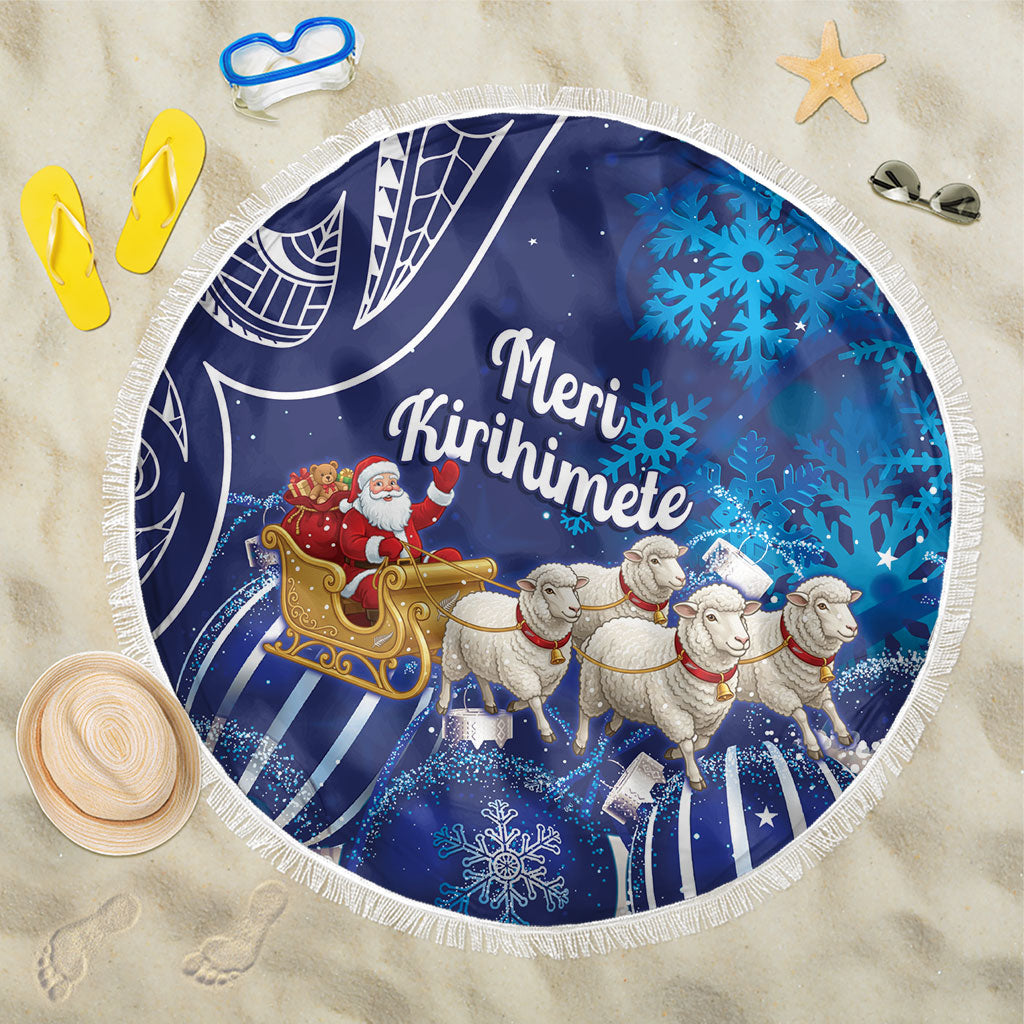 New Zealand Christmas In July Beach Blanket Funny Santa Sheep Meri Kirihimete Blue