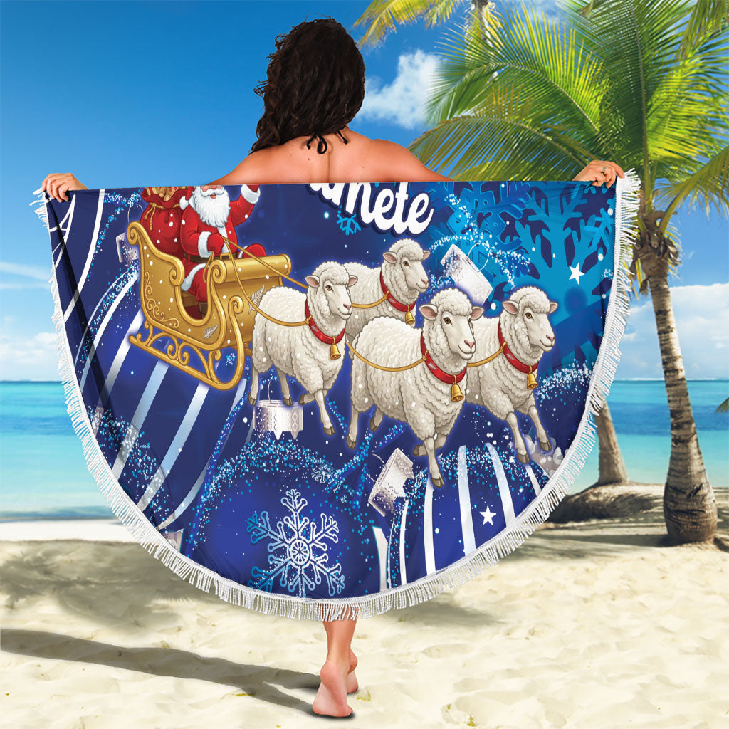 New Zealand Christmas In July Beach Blanket Funny Santa Sheep Meri Kirihimete Blue