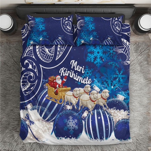 New Zealand Christmas In July Bedding Set Funny Santa Sheep Meri Kirihimete Blue