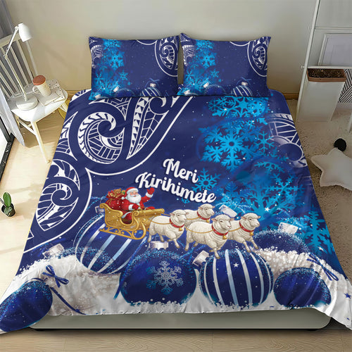 New Zealand Christmas In July Bedding Set Funny Santa Sheep Meri Kirihimete Blue