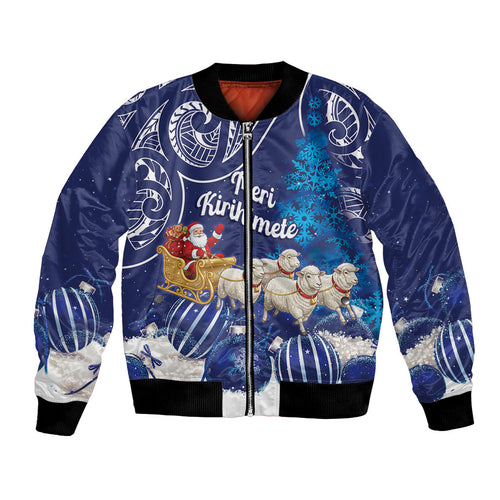 New Zealand Christmas In July Personalised Bomber Jacket Funny Santa Sheep Meri Kirihimete Blue
