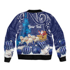 New Zealand Christmas In July Personalised Bomber Jacket Funny Santa Sheep Meri Kirihimete Blue
