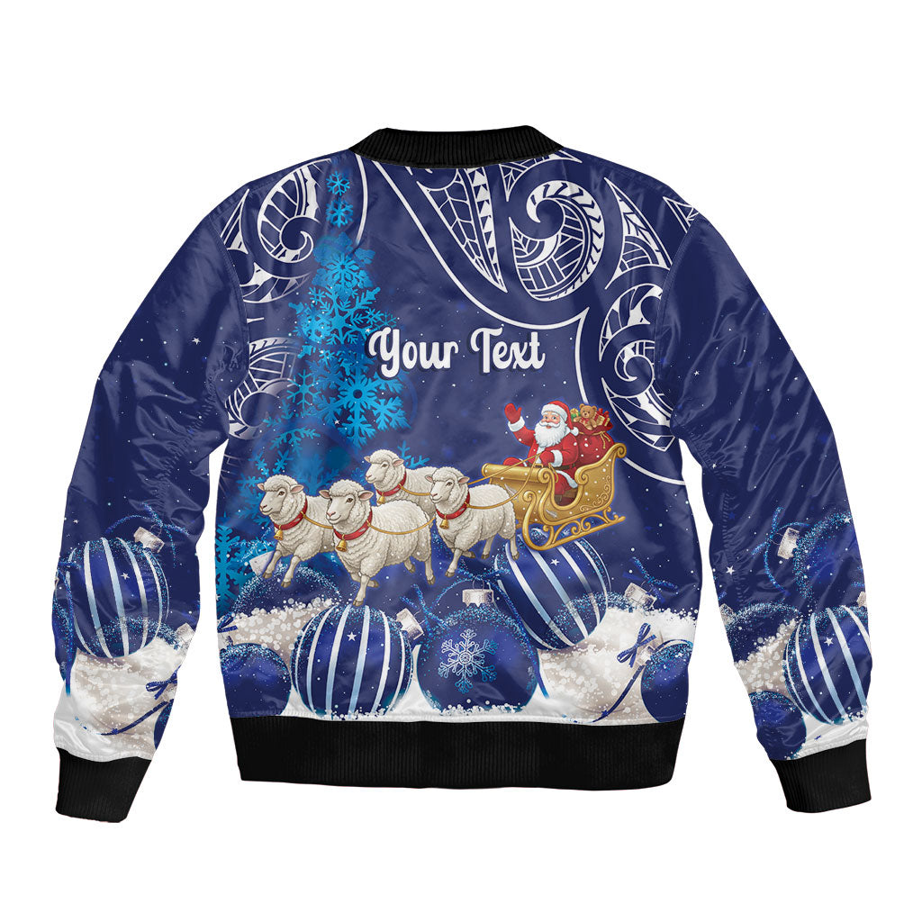 New Zealand Christmas In July Personalised Bomber Jacket Funny Santa Sheep Meri Kirihimete Blue