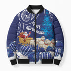 New Zealand Christmas In July Personalised Bomber Puffer Jacket Funny Santa Sheep Meri Kirihimete Blue