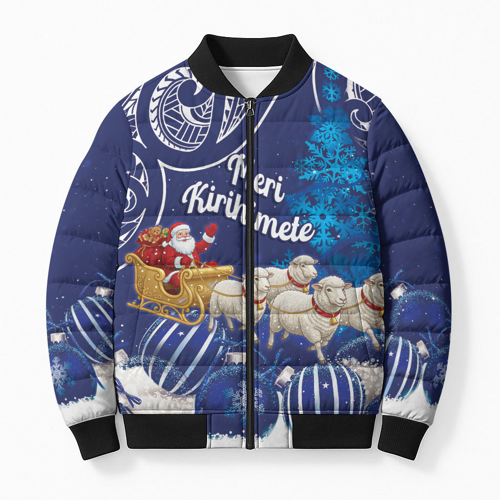 New Zealand Christmas In July Personalised Bomber Puffer Jacket Funny Santa Sheep Meri Kirihimete Blue