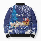New Zealand Christmas In July Personalised Bomber Puffer Jacket Funny Santa Sheep Meri Kirihimete Blue