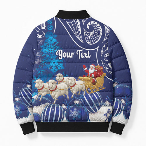 New Zealand Christmas In July Personalised Bomber Puffer Jacket Funny Santa Sheep Meri Kirihimete Blue