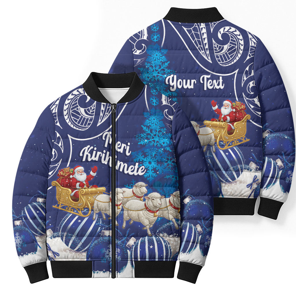 New Zealand Christmas In July Personalised Bomber Puffer Jacket Funny Santa Sheep Meri Kirihimete Blue