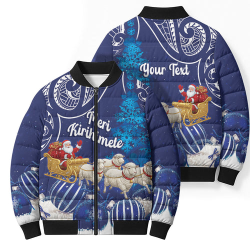 New Zealand Christmas In July Personalised Bomber Puffer Jacket Funny Santa Sheep Meri Kirihimete Blue