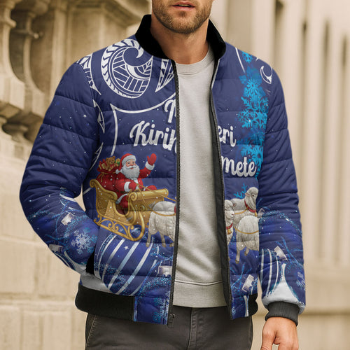 New Zealand Christmas In July Personalised Bomber Puffer Jacket Funny Santa Sheep Meri Kirihimete Blue