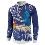 New Zealand Christmas In July Personalised Button Sweatshirt Funny Santa Sheep Meri Kirihimete Blue