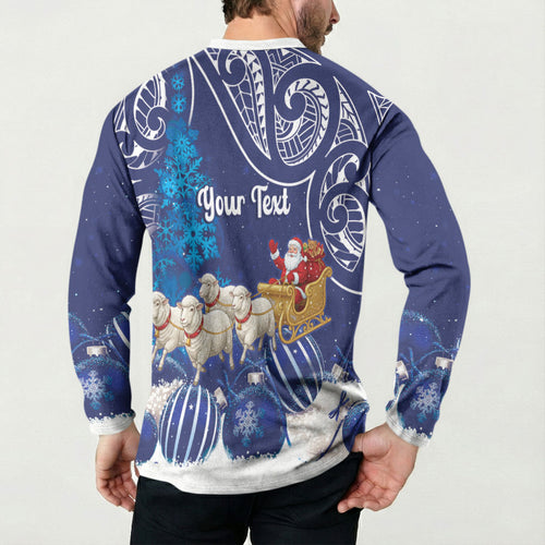 New Zealand Christmas In July Personalised Button Sweatshirt Funny Santa Sheep Meri Kirihimete Blue