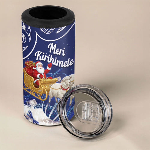 New Zealand Christmas In July Personalised 4 in 1 Can Cooler Tumbler Funny Santa Sheep Meri Kirihimete Blue