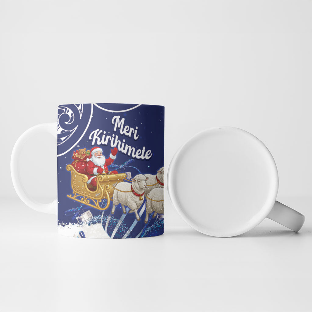 New Zealand Christmas In July Personalised Ceramic Mug Funny Santa Sheep Meri Kirihimete Blue