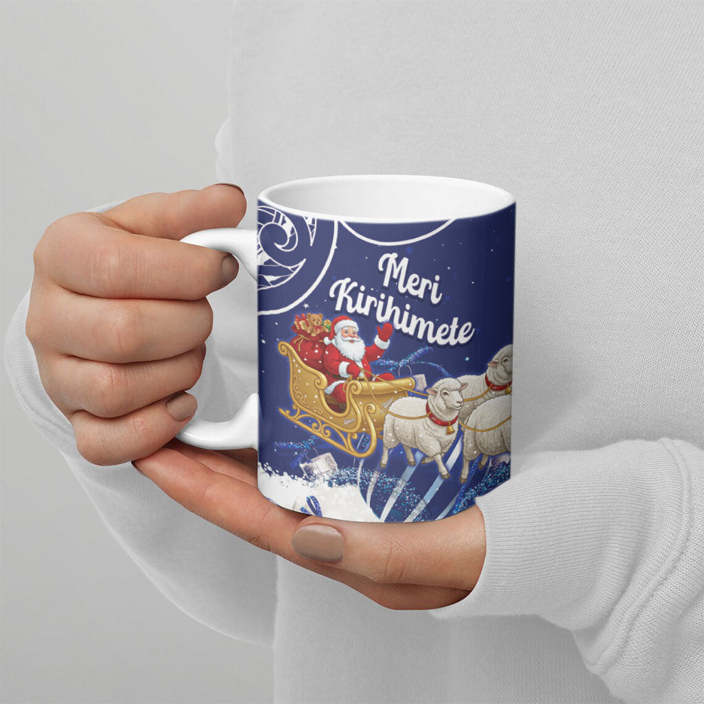 New Zealand Christmas In July Personalised Ceramic Mug Funny Santa Sheep Meri Kirihimete Blue