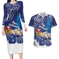 New Zealand Christmas In July Personalised Couples Matching Long Sleeve Bodycon Dress and Hawaiian Shirt Funny Santa Sheep Meri Kirihimete Blue