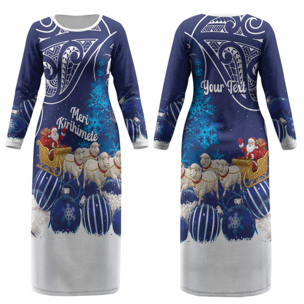 New Zealand Christmas In July Personalised Couples Matching Long Sleeve Bodycon Dress and Hawaiian Shirt Funny Santa Sheep Meri Kirihimete Blue LT14