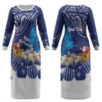 New Zealand Christmas In July Personalised Couples Matching Long Sleeve Bodycon Dress and Hawaiian Shirt Funny Santa Sheep Meri Kirihimete Blue LT14