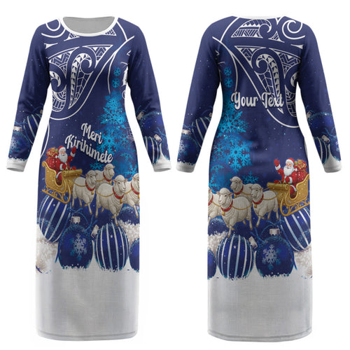 New Zealand Christmas In July Personalised Couples Matching Long Sleeve Bodycon Dress and Hawaiian Shirt Funny Santa Sheep Meri Kirihimete Blue LT14