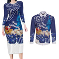 New Zealand Christmas In July Personalised Couples Matching Long Sleeve Bodycon Dress and Long Sleeve Button Shirt Funny Santa Sheep Meri Kirihimete Blue