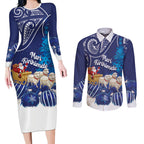 New Zealand Christmas In July Personalised Couples Matching Long Sleeve Bodycon Dress and Long Sleeve Button Shirt Funny Santa Sheep Meri Kirihimete Blue