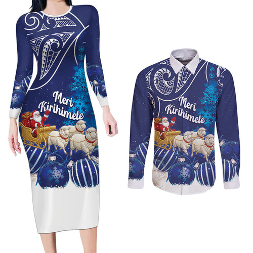 New Zealand Christmas In July Personalised Couples Matching Long Sleeve Bodycon Dress and Long Sleeve Button Shirt Funny Santa Sheep Meri Kirihimete Blue