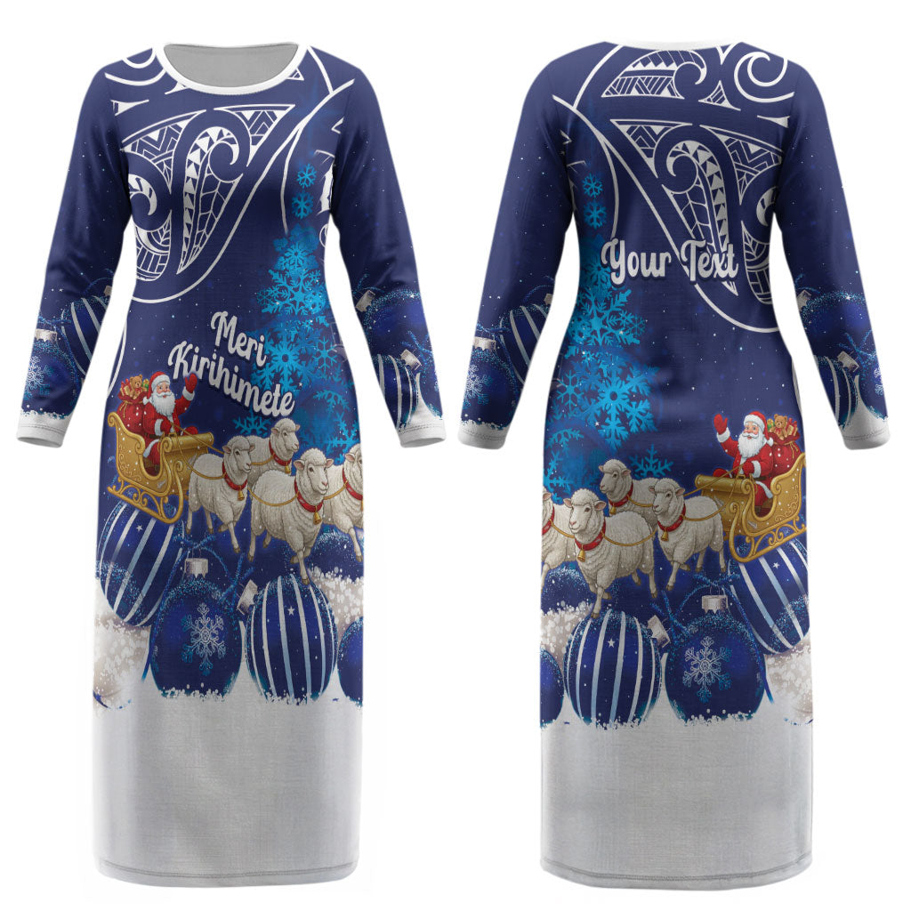 New Zealand Christmas In July Personalised Couples Matching Long Sleeve Bodycon Dress and Long Sleeve Button Shirt Funny Santa Sheep Meri Kirihimete Blue LT14