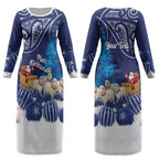 New Zealand Christmas In July Personalised Couples Matching Long Sleeve Bodycon Dress and Long Sleeve Button Shirt Funny Santa Sheep Meri Kirihimete Blue LT14