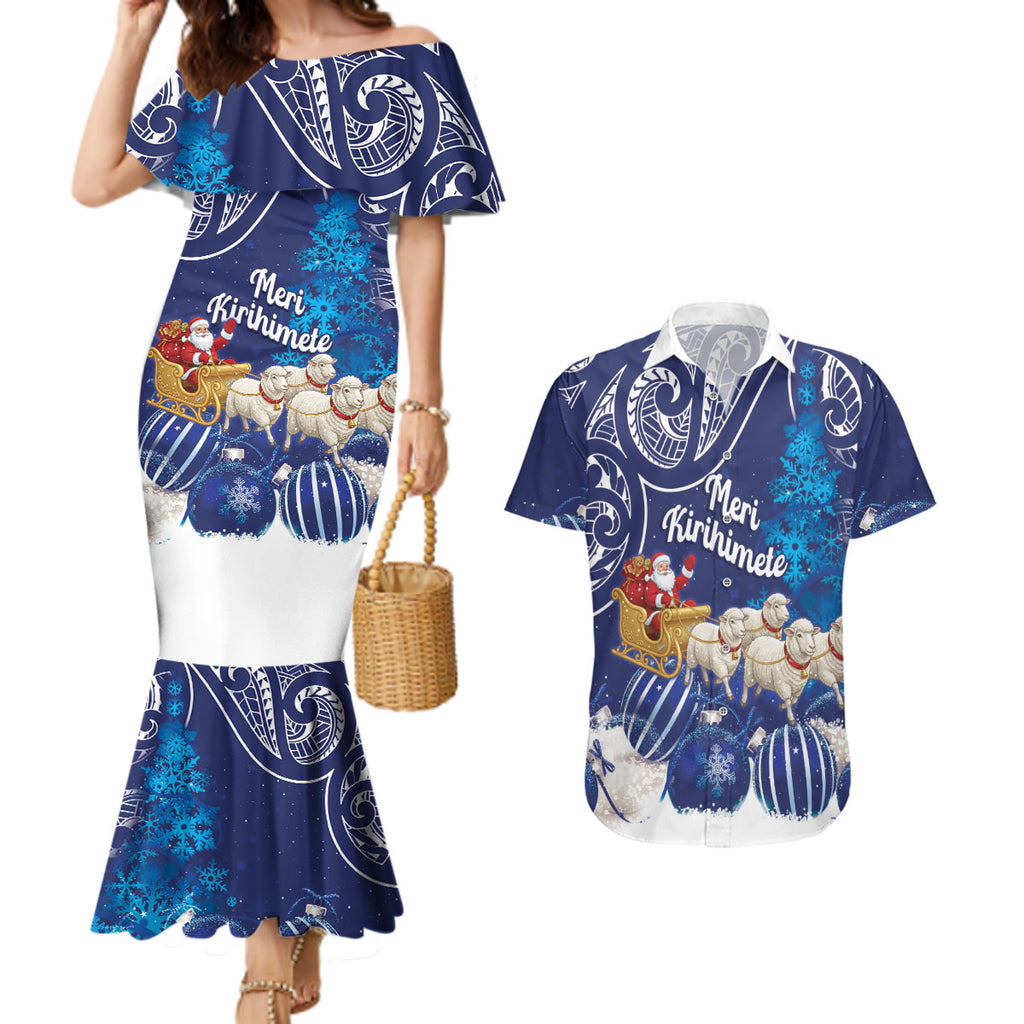 New Zealand Christmas In July Personalised Couples Matching Mermaid Dress and Hawaiian Shirt Funny Santa Sheep Meri Kirihimete Blue