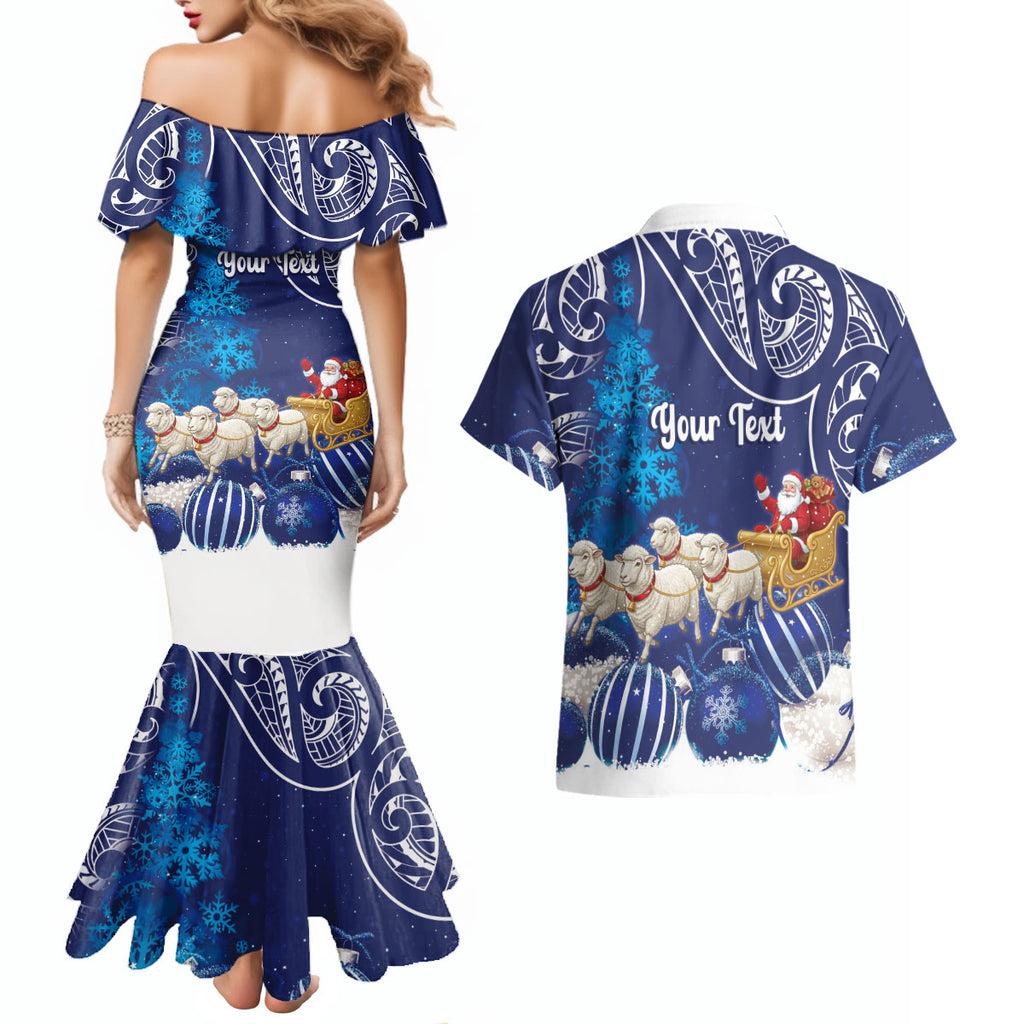 New Zealand Christmas In July Personalised Couples Matching Mermaid Dress and Hawaiian Shirt Funny Santa Sheep Meri Kirihimete Blue