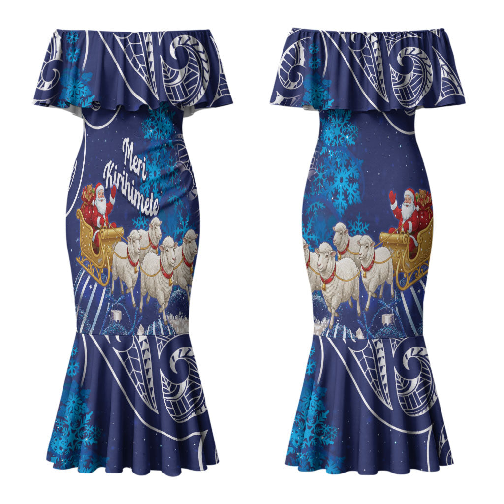New Zealand Christmas In July Personalised Couples Matching Mermaid Dress and Hawaiian Shirt Funny Santa Sheep Meri Kirihimete Blue LT14