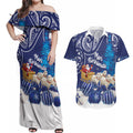 New Zealand Christmas In July Personalised Couples Matching Off Shoulder Maxi Dress and Hawaiian Shirt Funny Santa Sheep Meri Kirihimete Blue